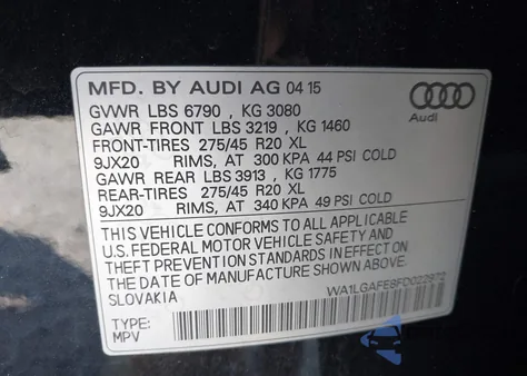 2015 Audi Q7 3.0T Premium from USA, damaged, VIN WA1LGAFE8FD022972